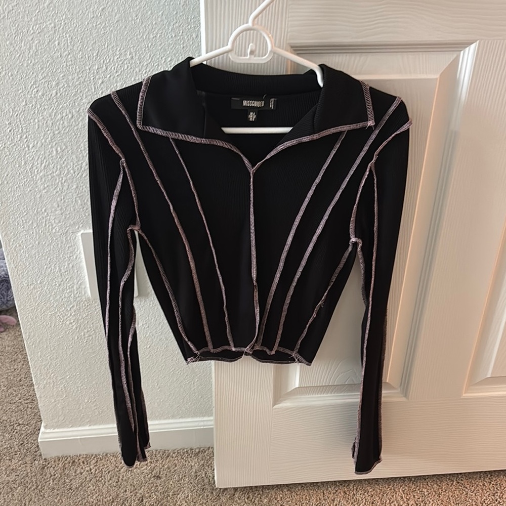 Missguided Black and White Fitted Crop Blouse